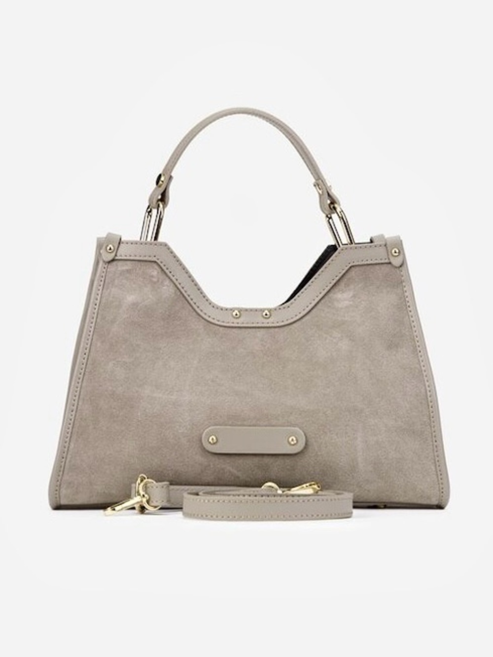 Structured Taupe Suede Shoulder Bag with Top Handle